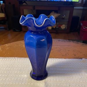 Vintage Cobalt Blue White Cased Glass Vase with ruffled edges 8” tall.